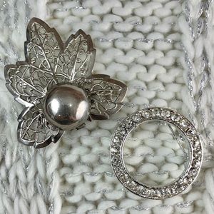 2 Vintage Silver Tone Rhinestone Brooches